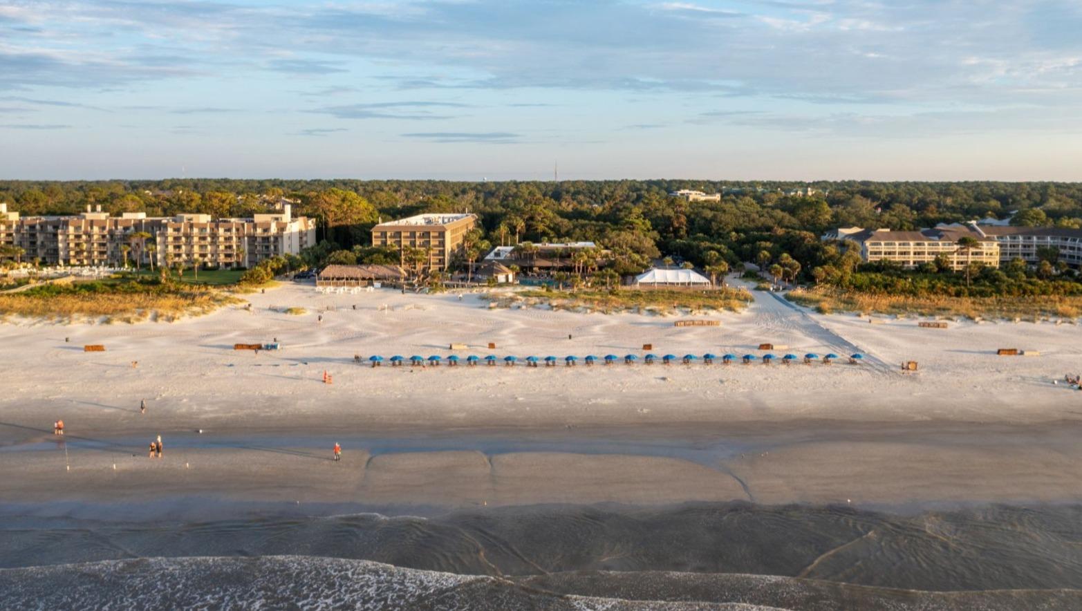 aerial view of the Coligny Beach area on Hilton Head Island, South Carolina.