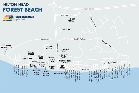 Map of the Hilton Head Forest Beach area, highlighting various rental properties and key landmarks.